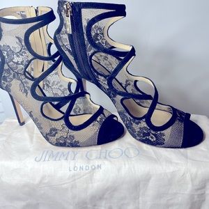 Jimmy Choo: black, lace, peep toe, 4” heel
